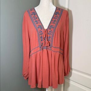 Torrid Coral Embroidered Boho Peplum Blouse Size 3